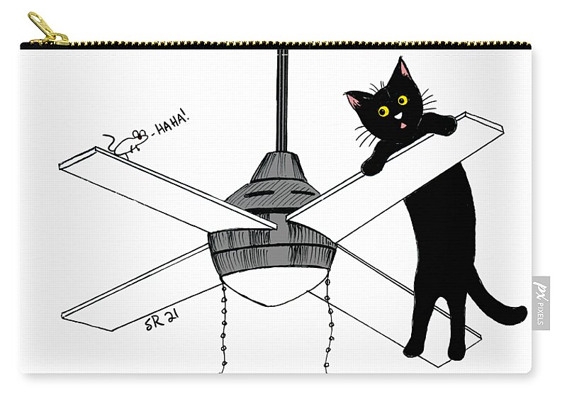Cat Vs Ceiling Fan Zip Pouch featuring the drawing Cat Vs Celing Fan by Shawna Rowe