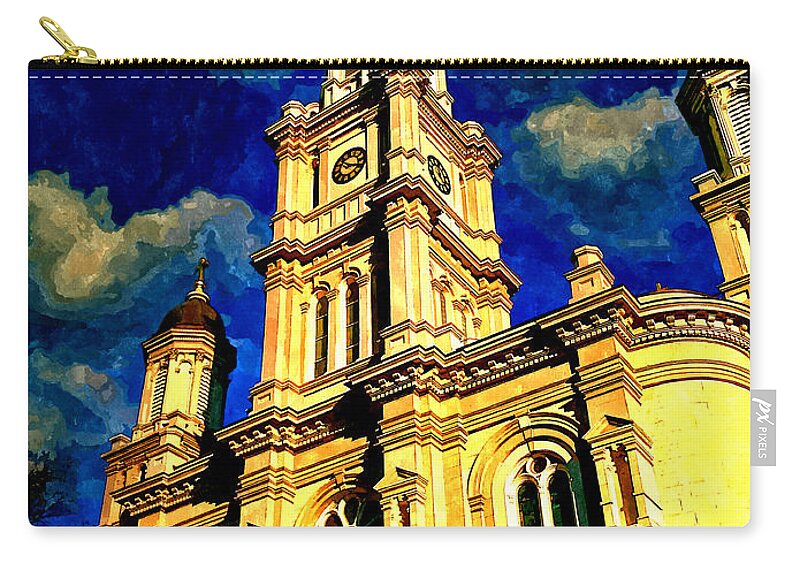 Cathedral Of The Blessed Sacrament Zip Pouch featuring the digital art Cathedral of the Blessed Sacrament in Sacramento - watercolor painting by Nicko Prints