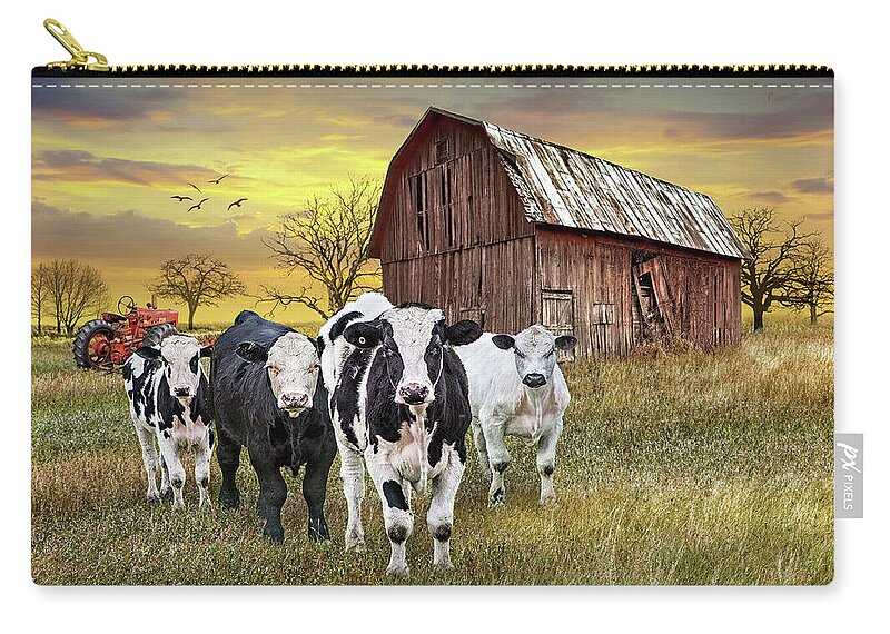 Barn Zip Pouch featuring the photograph Cattle in the Midwest with Barn and Tractor at Sunset by Randall Nyhof