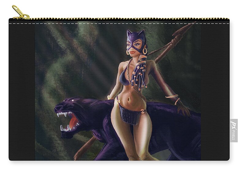 Feminist Art Zip Pouch featuring the digital art Catwoman cosplay Virago Amazon black Panther Bagheera Feminist art Jungle wallpaper Erotic nudity by Michael Milotvorsky