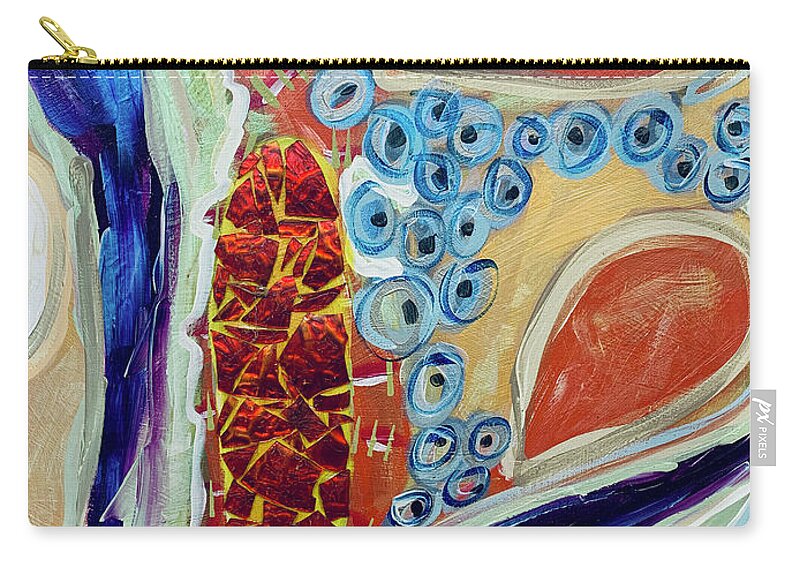 Mixed Media Zip Pouch featuring the mixed media Cellular Rebirth Abstract With Orange Glass Shards by Debra Amerson