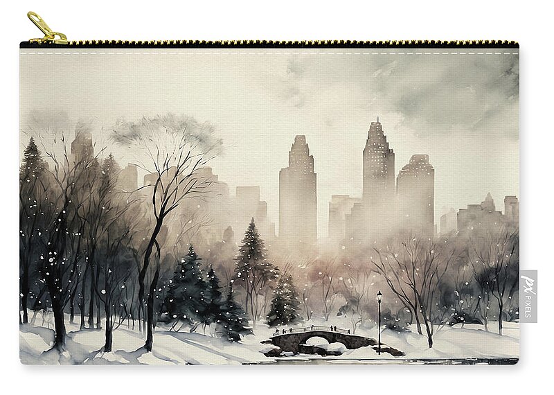 Winter Zip Pouch featuring the painting Central Park in Winter by Kai Saarto