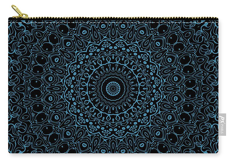 Cerulean Blue Zip Pouch featuring the digital art Cerulean Blue and Black Mandala Kaleidoscope Medallion Flower by Mercury McCutcheon