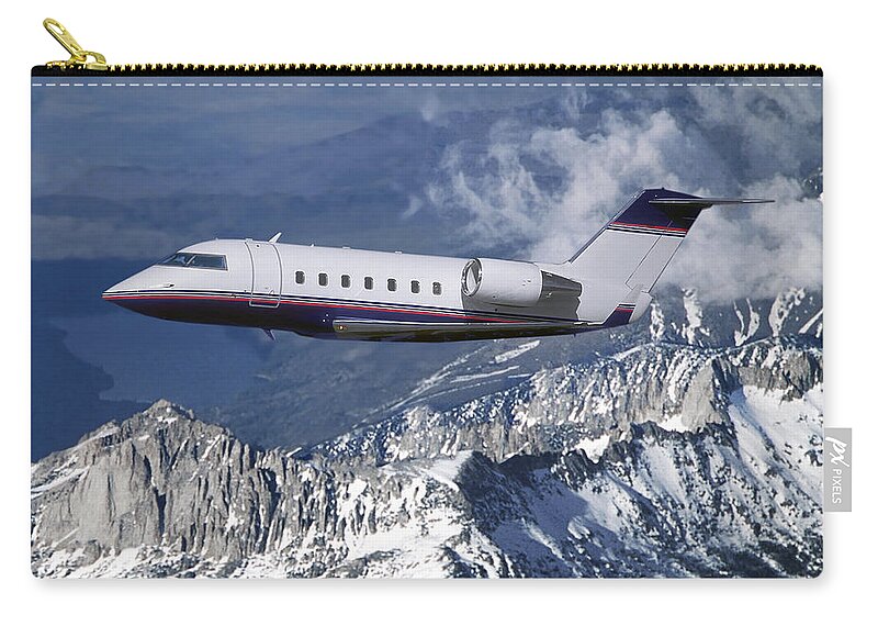 Challenger Business Jet Zip Pouch featuring the mixed media Challenger Corporate Jet over Snowcapped Mountains by Erik Simonsen