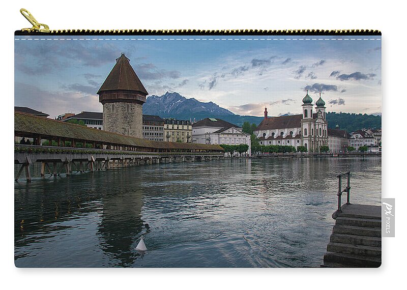 Lucerne Zip Pouch featuring the photograph Chapel Bridge at Sunset by Matthew DeGrushe