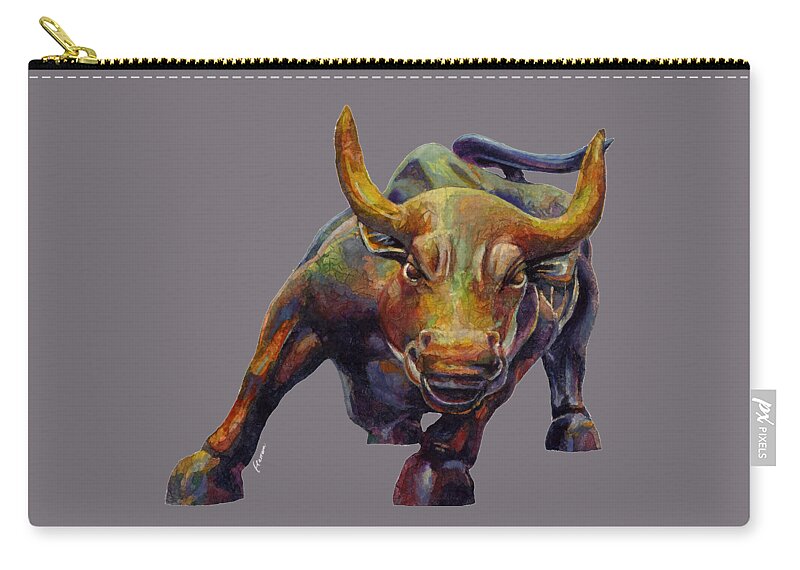 Harging Bull Zip Pouch featuring the painting Charging Bull - solid background by Hailey E Herrera