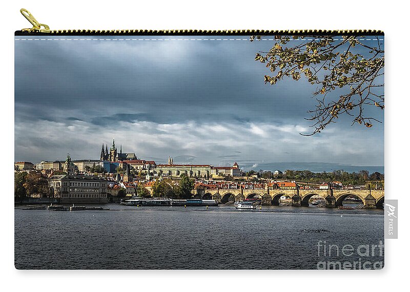 Prague Zip Pouch featuring the photograph Charles Bridge Over Moldova River And Hradcany Castle In Prague In The Czech Republic by Andreas Berthold