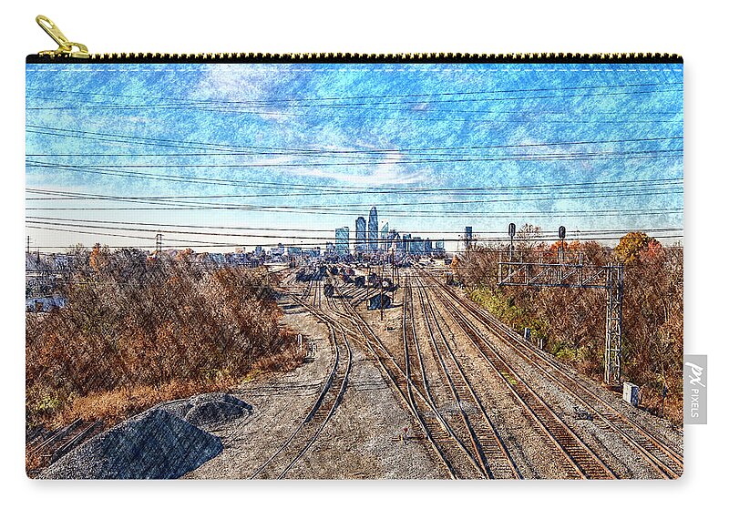 Charlotte-architecture-photography Carry-all Pouch featuring the digital art Charlotte Skyline from Matheson Bridge by SnapHappy Photos
