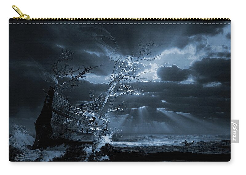 Ghost Ships Phantom Boat Supernatural Isolation Zip Pouch featuring the digital art Chasing the light Ghost ship series by George Grie