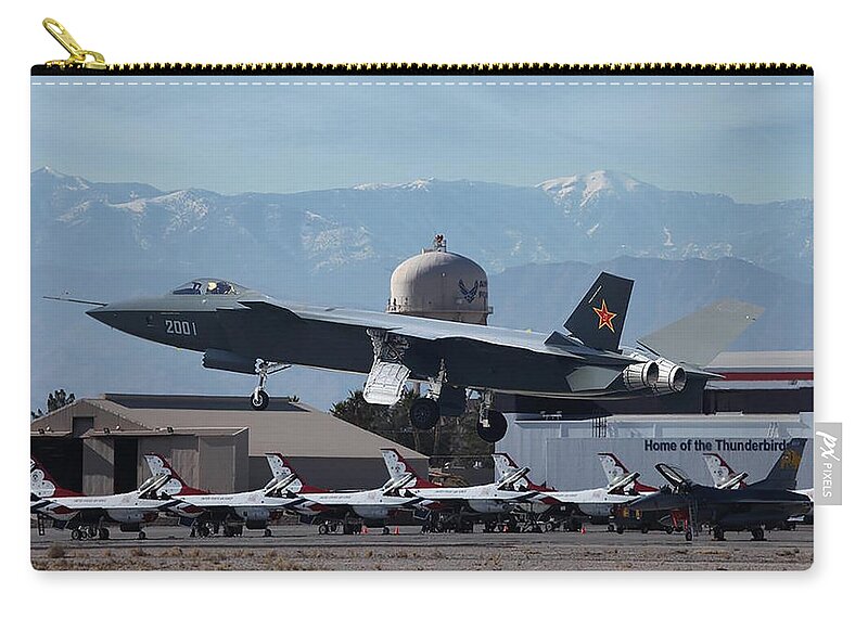 China Zip Pouch featuring the digital art Chengdu J-20 at Nellis AFB by Custom Aviation Art