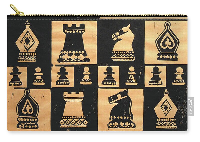 Woodcut Zip Pouch featuring the painting Chess Woodcut by Mary Helmreich