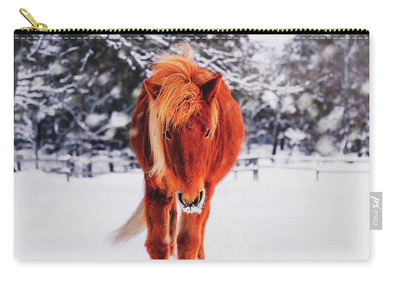Horse Zip Pouch featuring the photograph Chestnut Horse in Snowy Winter Landscape - Matte Version by Nicklas Gustafsson