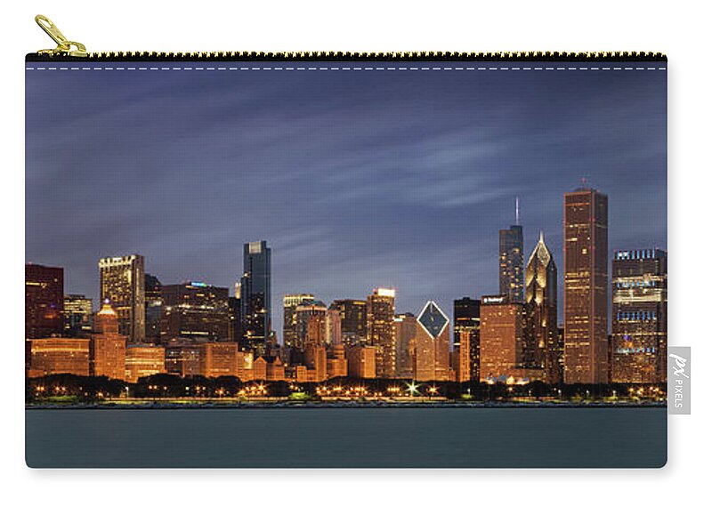 #faatoppicks Zip Pouch featuring the photograph Chicago Skyline at Night Color Panoramic by Adam Romanowicz