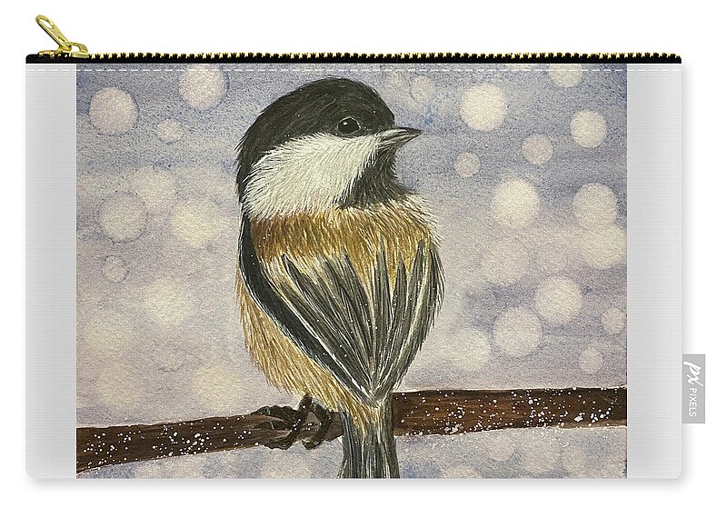 Chickadee Carry-all Pouch featuring the painting Chickadee In Snow by Lisa Neuman