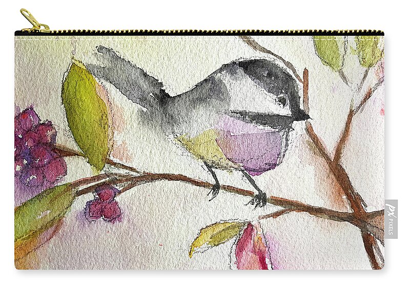 Watercolor Chickadee Carry-all Pouch featuring the painting Chickadee perched in a Tree by Roxy Rich