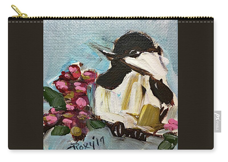 Chickadee Zip Pouch featuring the painting Chickadee with Pink Berries by Roxy Rich