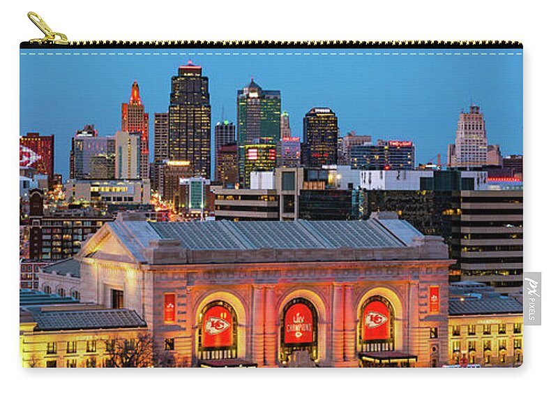 Kansas City Zip Pouch featuring the photograph Champion City Vibes - Kansas City Skyline Panorama by Gregory Ballos