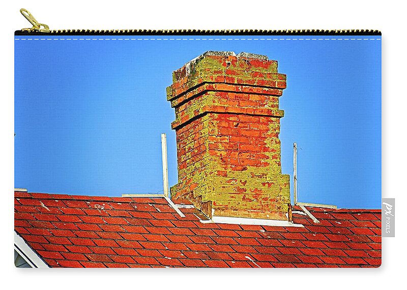 Standing; Chimney; Roof; Peak; Spire; Steeple; Aqua; Black; Blue; Blue Sky; Green; Red; Alone; Old; Rough; Worn; Worn Out; Fungus; Moss; Mold; Bright; Sunny; Sunshine; Bird Droppings; Brick; Droppings; Hard; Metal; Shingle; Surface; Texture; Tile; Above; Building; Close Up; High; House; Sky; Block; Elongated; Layered; Pattern; Peaked; Protruded; Rectangle; Repeated; Sloped; Square; Steep; Terraced; Vertical; Day; Clear Zip Pouch featuring the photograph Chimney On Blue by David Desautel