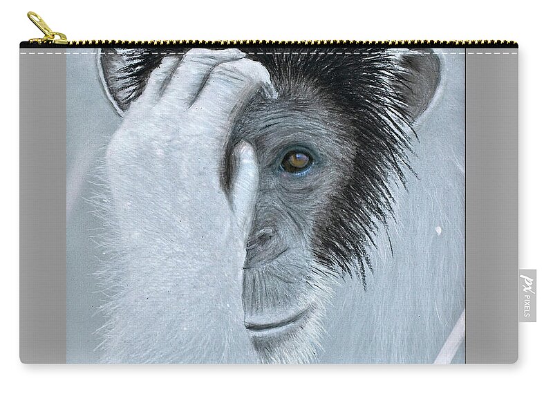 Chimpanzee Zip Pouch featuring the mixed media Chimpanzee portrait, mixed media. by Tony Mills