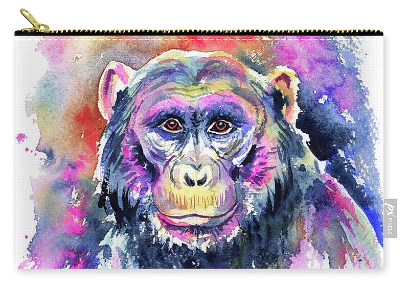 Chimpanzee Zip Pouch featuring the painting Chimpanzee by Zaira Dzhaubaeva