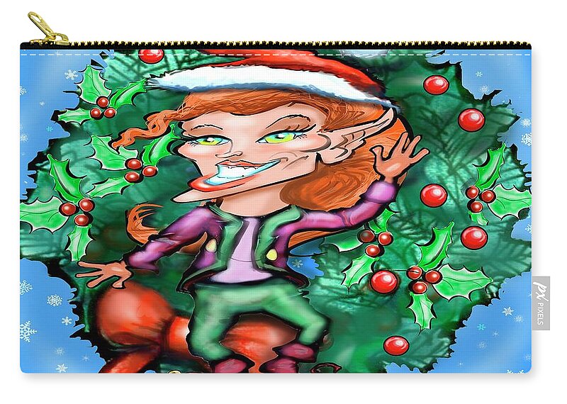 Christmas Zip Pouch featuring the digital art Christmas Elf with Wreath by Kevin Middleton