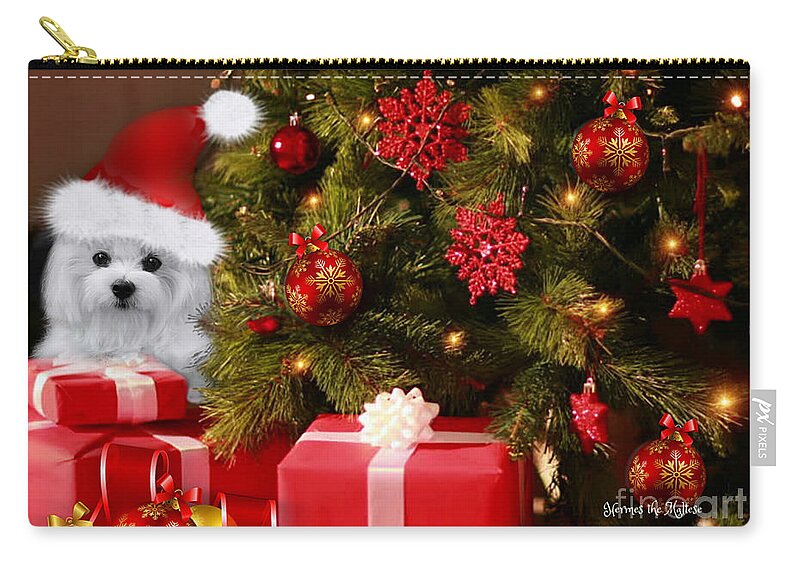Maltese Dog Zip Pouch featuring the mixed media Christmas Joy by Morag Bates
