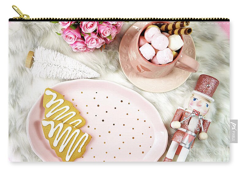 Christmas Zip Pouch featuring the photograph Christmas morning cozy hygge scene with hot chocolate and cookies flat lay. by Milleflore Images