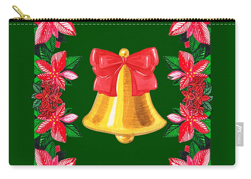 Gold Bell Zip Pouch featuring the painting Christmas Poinsettia Golden Bell With Red Bow Watercolor by Irina Sztukowski