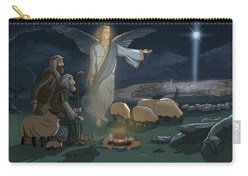 Christmas Zip Pouch featuring the digital art Christmas Shepherds and Angel by Emerson Design