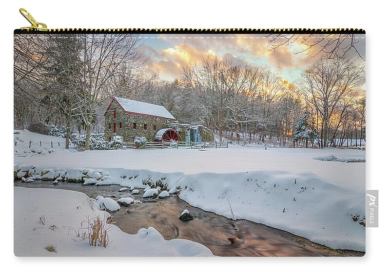 Grist Mill Zip Pouch featuring the photograph Christmas Snow at the Grist Mill by Kristen Wilkinson