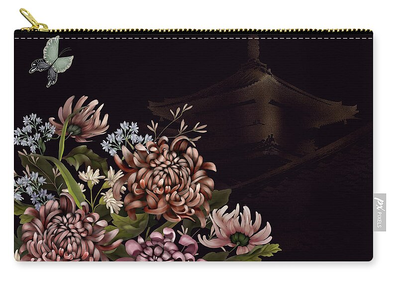 Chinoiserie Zip Pouch featuring the digital art Chrysanthemums and Butterflies Glitter Temple Chinoiserie by Sand And Chi
