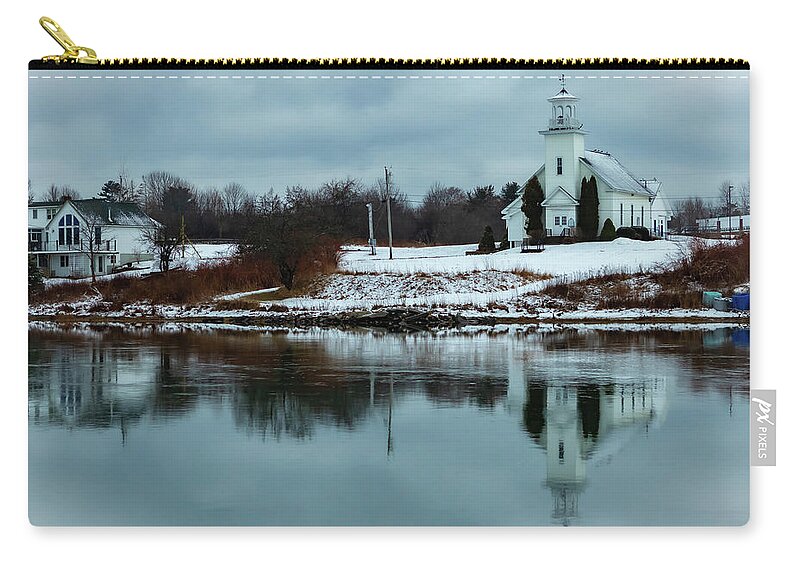 Church Zip Pouch featuring the photograph Church reflection in Maine by George Kenhan