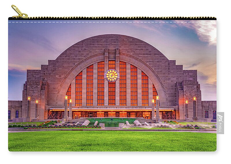 Cincinnati Ohio Zip Pouch featuring the photograph Cincinnati Union Terminal Station at Sunset by Gregory Ballos