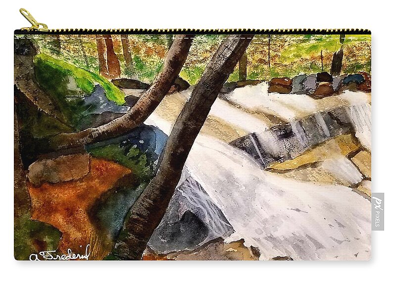 Waterfall Zip Pouch featuring the painting Cindys' Waterfall by Ann Frederick
