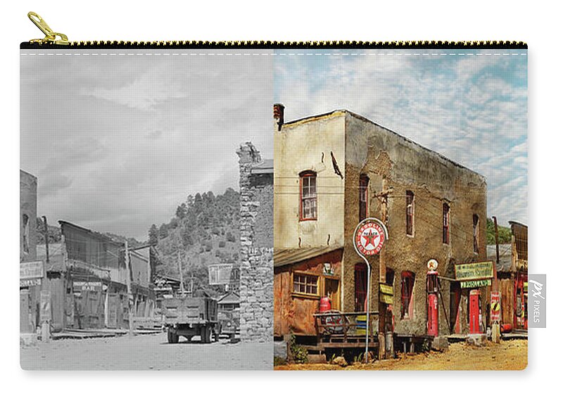 Mogollon Zip Pouch featuring the photograph City - Mogollon, NM - JP Holland general store 1940 - Side by Side by Mike Savad