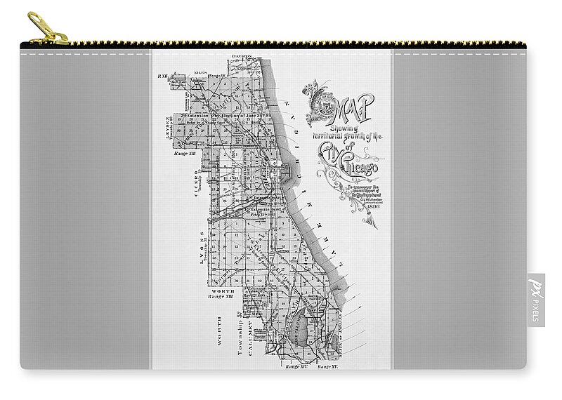 Chicago Zip Pouch featuring the photograph City of Chicago Antique Map 1896 Black and White by Carol Japp