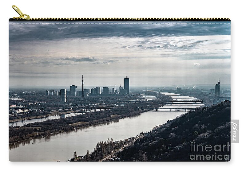 Aerial Zip Pouch featuring the photograph City Of Vienna With Suburbs And River Danube In Austria by Andreas Berthold
