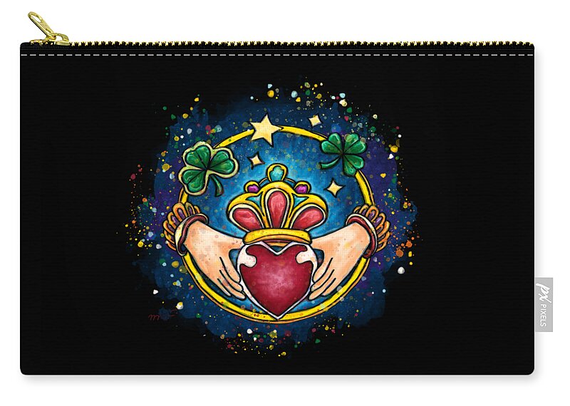 Claddagh Zip Pouch featuring the painting Claddagh ring on black background, Ireland engagement ring by Nadia CHEVREL