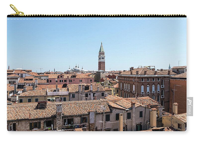 Classic Venetian Zip Pouch featuring the photograph Classic Venetian - Terracotta Rooftops Vista Centered on Saint Mark Basilica Campanile by Georgia Mizuleva