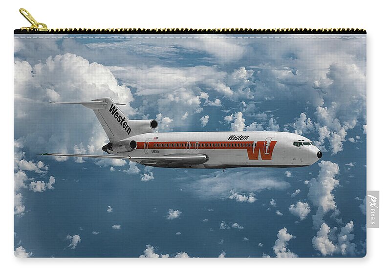 Western Airlines Zip Pouch featuring the mixed media Classic Western Airlines Boeing 727 by Erik Simonsen