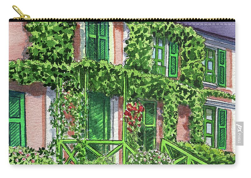 French Zip Pouch featuring the painting Claude Monet House Giverny Town France Watercolor Impressionism by Irina Sztukowski