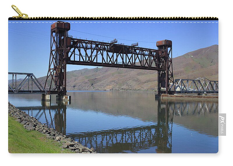 Clearwater River Zip Pouch featuring the photograph Clearwater River Railroad Bridge by Jean Evans