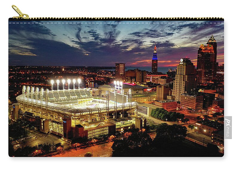 Cleveland Indians Stadium Zip Pouch featuring the photograph Cleveland Indians Stadium Progressive Field Sunset by Linas Muliolis