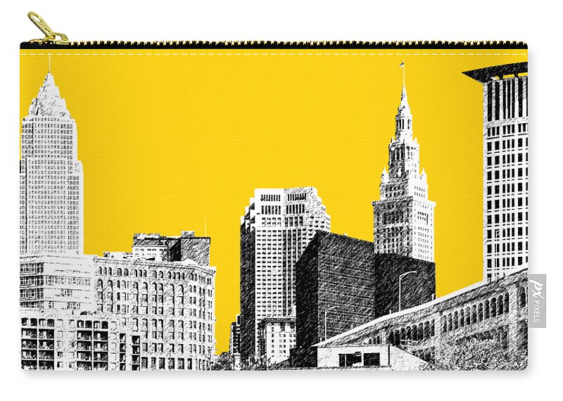 Architecture Carry-all Pouch featuring the digital art Cleveland Skyline 3 - Mustard by DB Artist