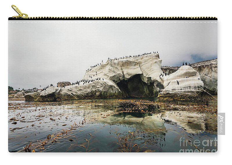 California Zip Pouch featuring the photograph Cliffs, Caves, Rocks, Arches, and Flock of Birds. by Hanna Tor