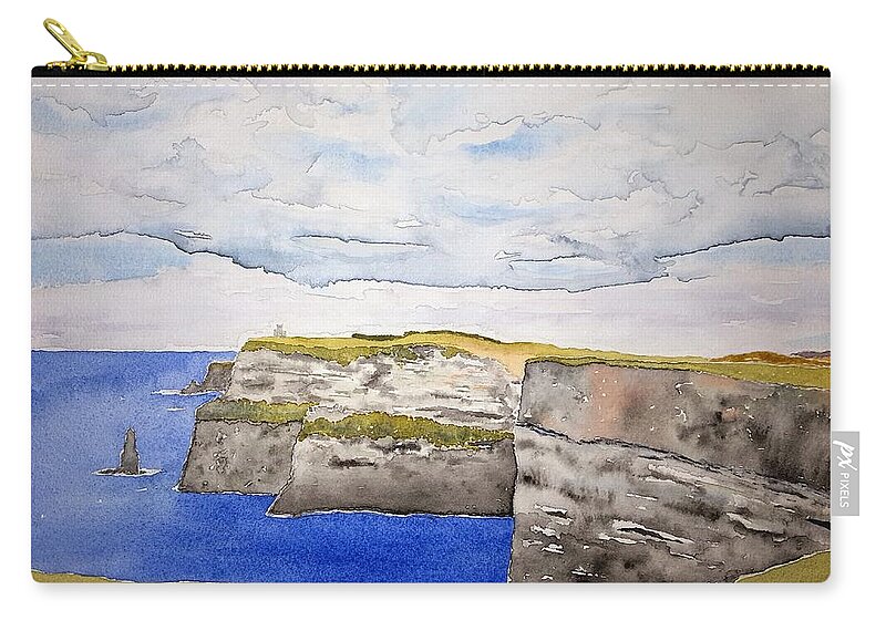 Watercolor Zip Pouch featuring the painting Cliffs of Moher by John Klobucher