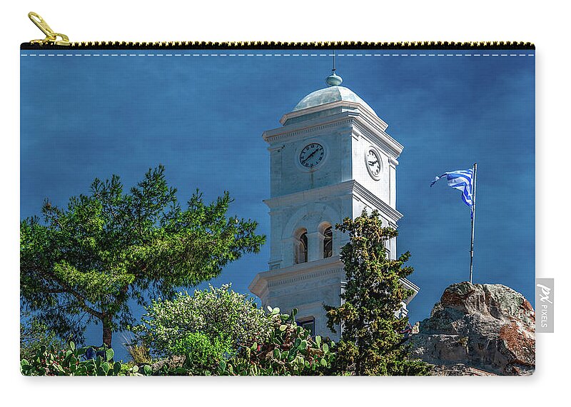 Poros Zip Pouch featuring the photograph Clock Tower in Poros, Greece by Marcy Wielfaert