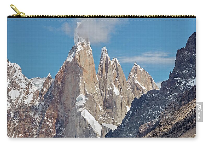 Andes Zip Pouch featuring the photograph Close view of Cerro Torre, Egger Torre and aguja Stanhard by Henri Leduc