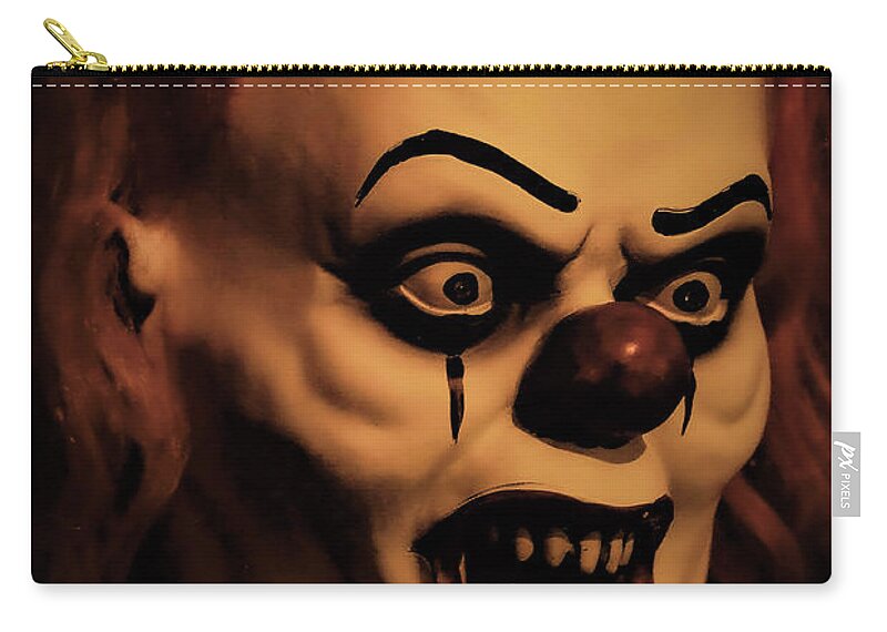 Clown Face Scary Close Red Teeth Halloween Zip Pouch featuring the photograph Clown by John Linnemeyer