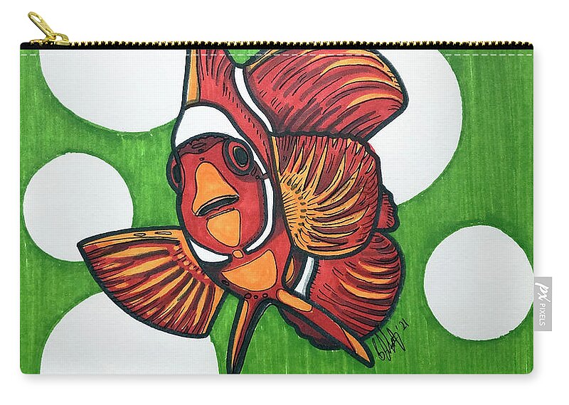 Clownfish Zip Pouch featuring the drawing Clownfish on Green by Creative Spirit